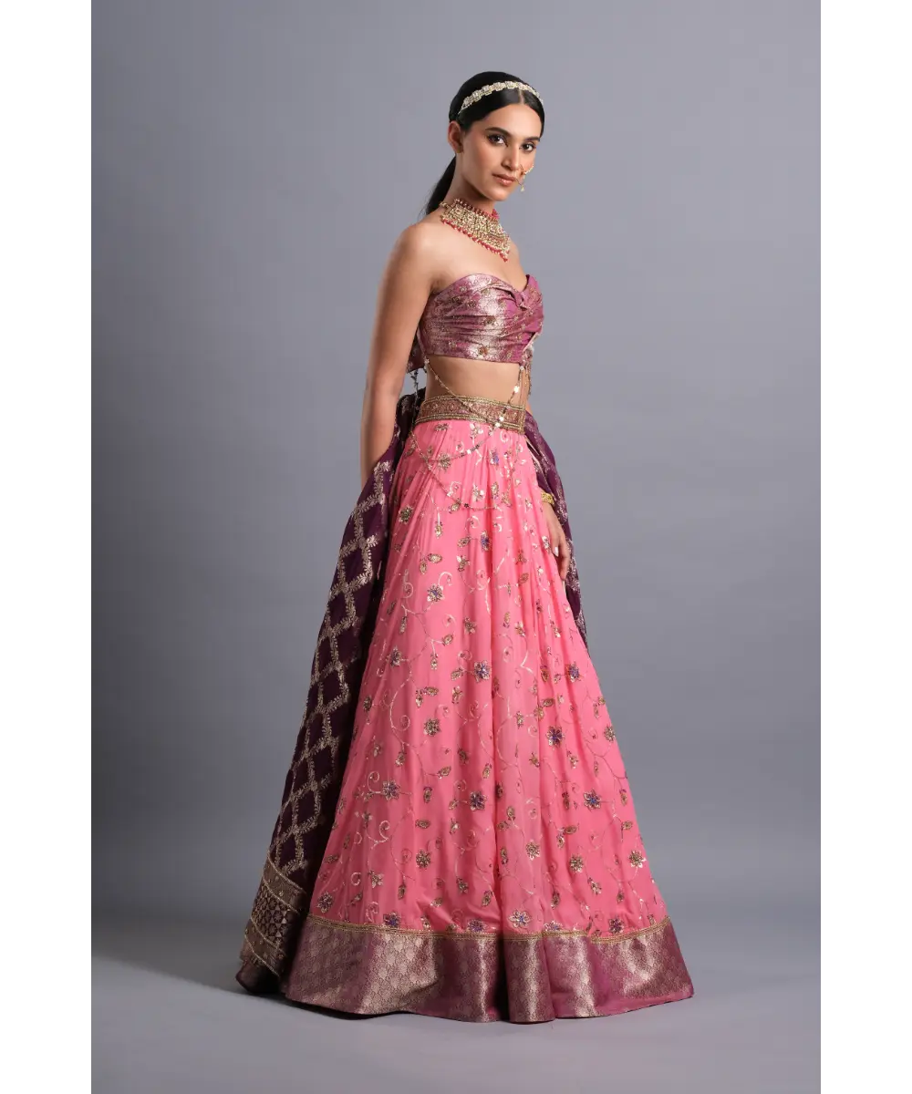AASTHA SOOD - Bubblegum pink georgette Zardozi Lehenga - Enhanced